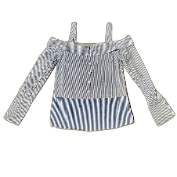 Allison Joy Tops - Allison Joy Blue White Striped Off-Shoulder Fitted Work Blouse size Small